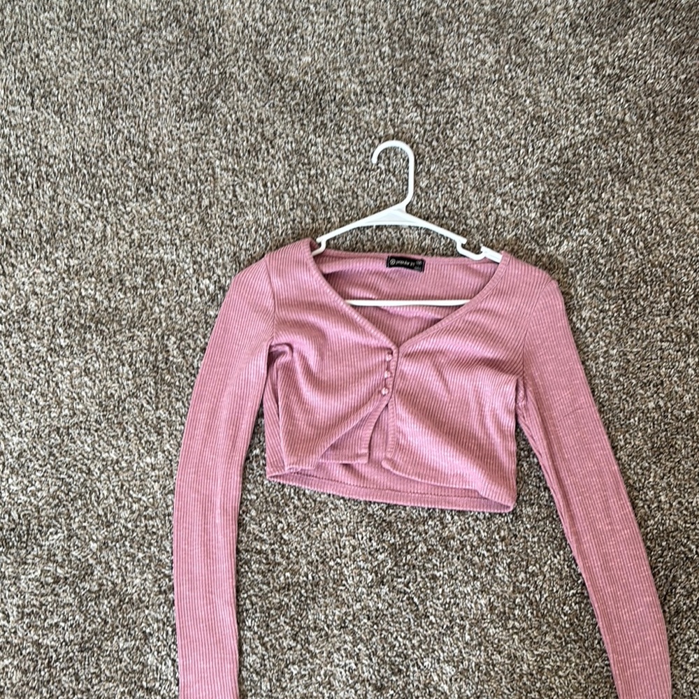 Pink Ribbed Long Sleeve Crop Top